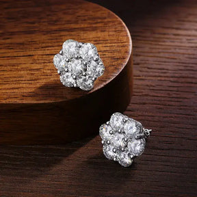 Diamond cluster stud earrings with floral design in 18k white gold, Moissanite Earring S925