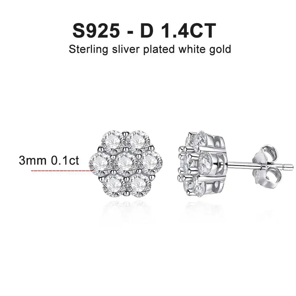 Flower-shaped diamond stud earrings in 18k white gold, Moissanite Earring S925 silver