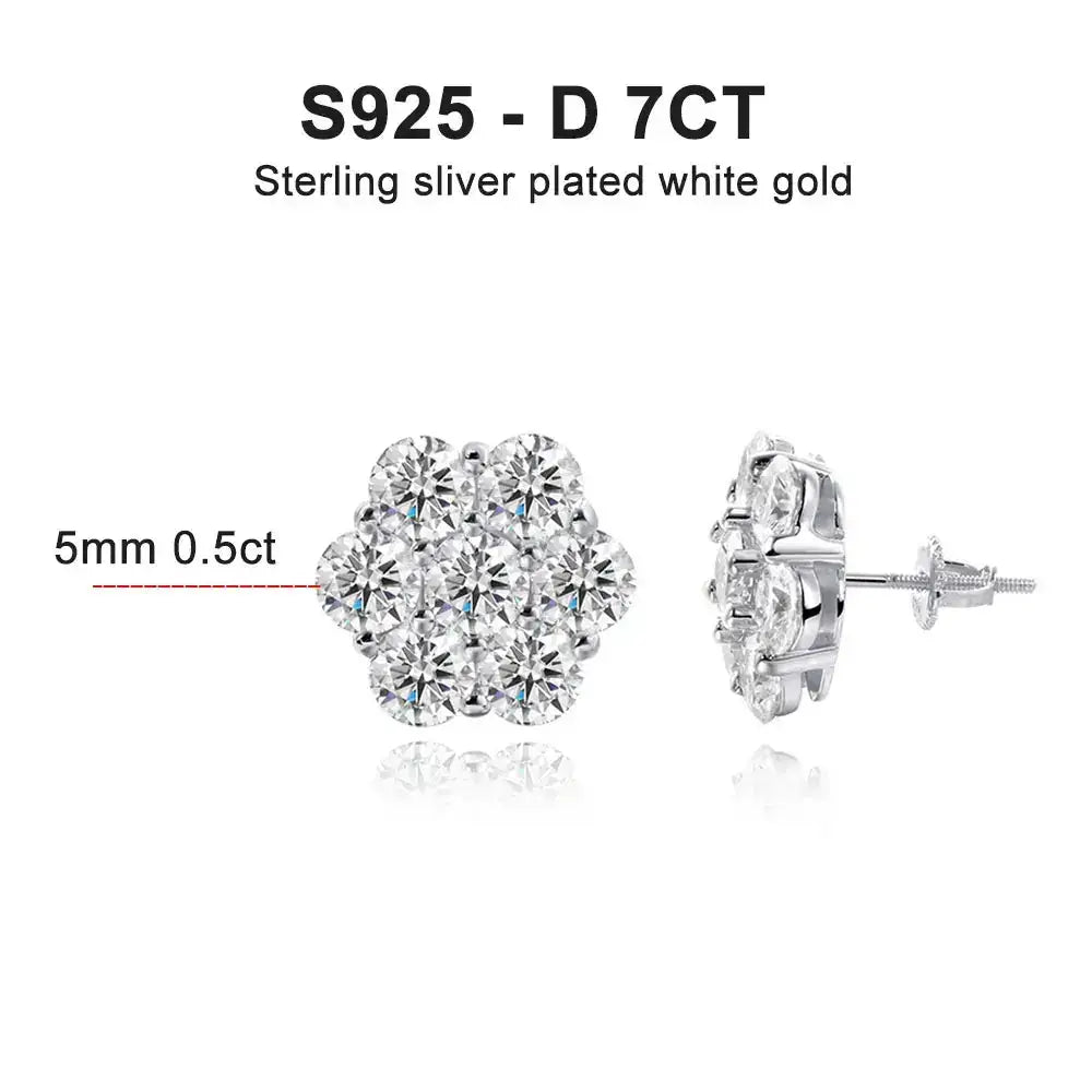 Diamond cluster stud earrings in floral design set in 18k White Gold Moissanite Earring S925