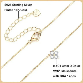 Delicate gold-plated Moissanite Four-leaf Flower Pendant Necklace in sterling silver