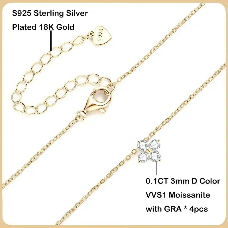 Delicate gold-plated Moissanite Four-leaf Flower Pendant Necklace in sterling silver