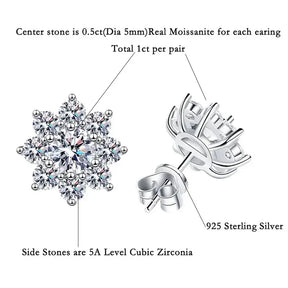 Snowflake-shaped stud earring with moissanite in sterling silver from Moissanite Jewelry Sets