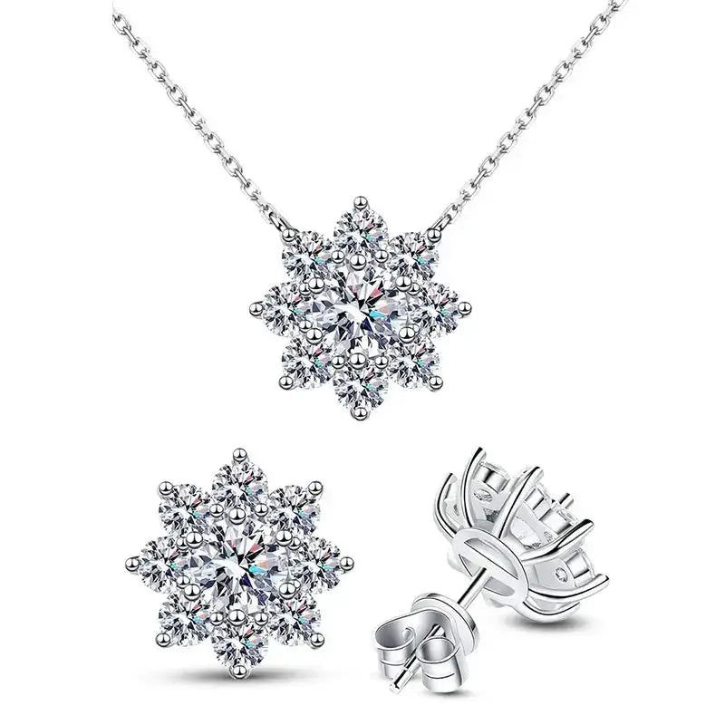 Sparkling Snowflake Pendant Necklace and Earrings in Moissanite Jewelry Sets, Sterling Silver