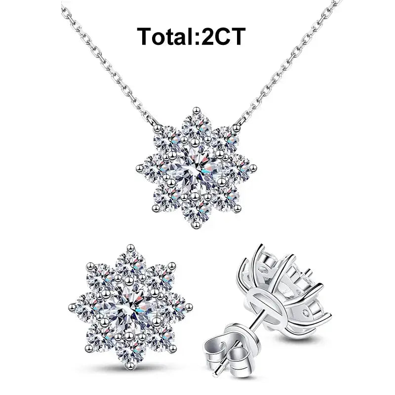 Snowflake-shaped diamond pendant necklace with sterling silver earrings from Moissanite Jewelry Sets