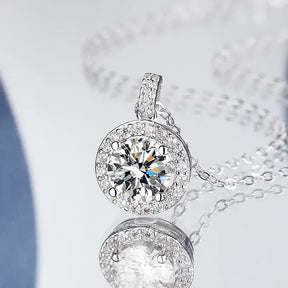 Moissanite necklace featuring a classic round pendant in S925 sterling silver with halo diamonds