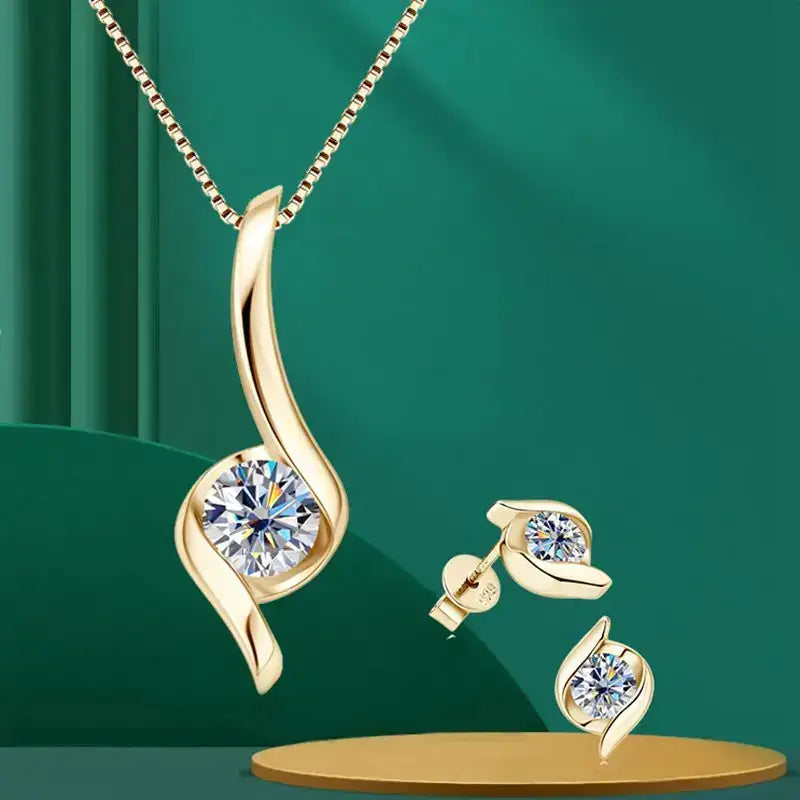 Gold necklace with curved pendant and diamond in Moissanite Necklace Stud Earring Set