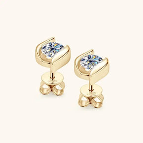 Gold stud earrings with round diamonds in bezel settings for Moissanite Necklace Stud