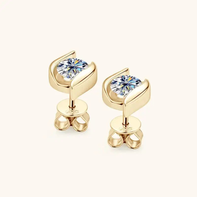 Gold stud earrings with round diamonds in bezel settings for Moissanite Necklace Stud