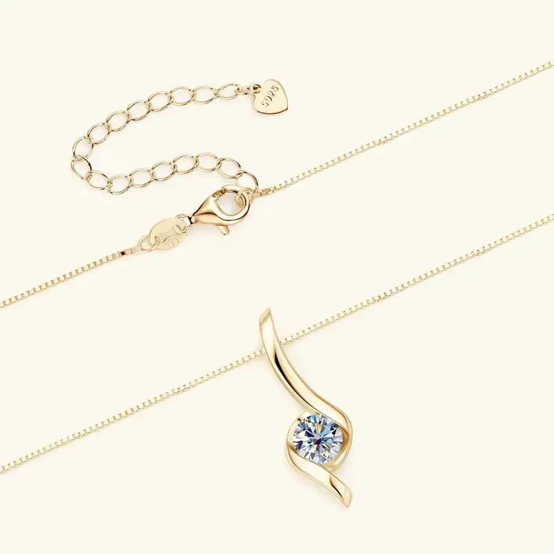 Delicate gold necklace with curved pendant and gemstone in Moissanite Necklace Stud Earring Set