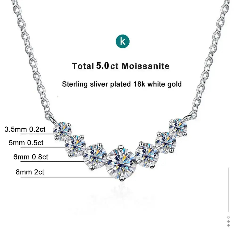 Moissanite necklace with graduated stones in 18k white gold plating and NGSTC certification