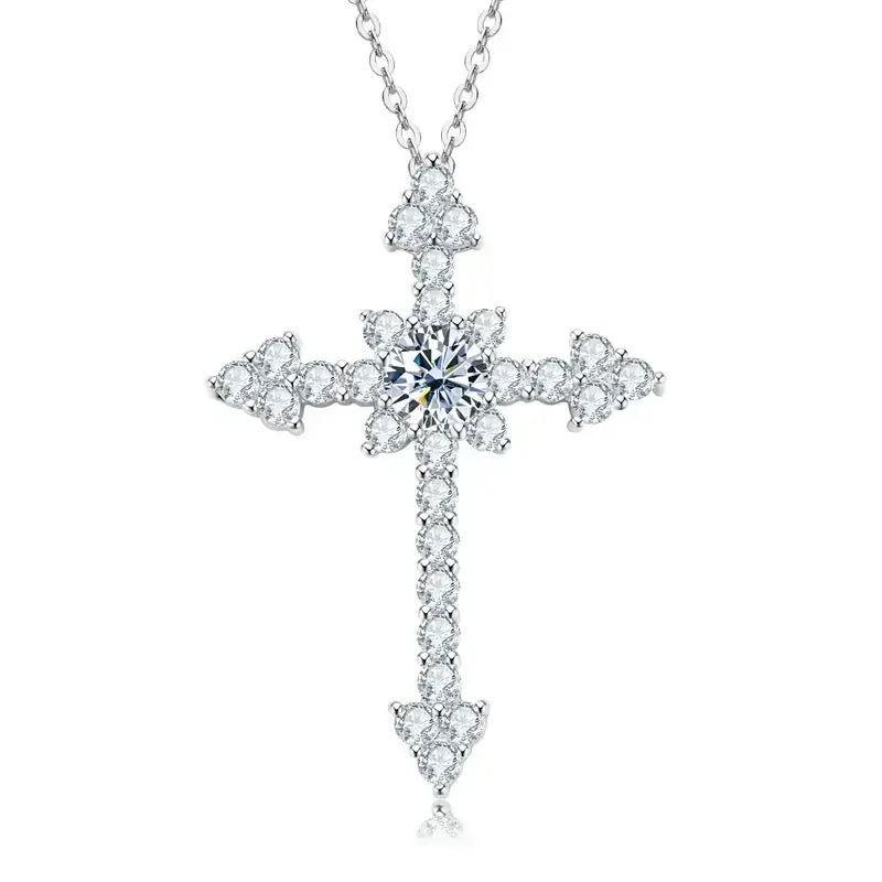 Ornate diamond cross pendant necklace showcasing Moissanite  Pendant in sterling silver elegance