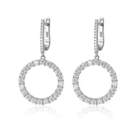 Diamond-encrusted circular drop earrings in 18k white gold showcasing sparkling elegance