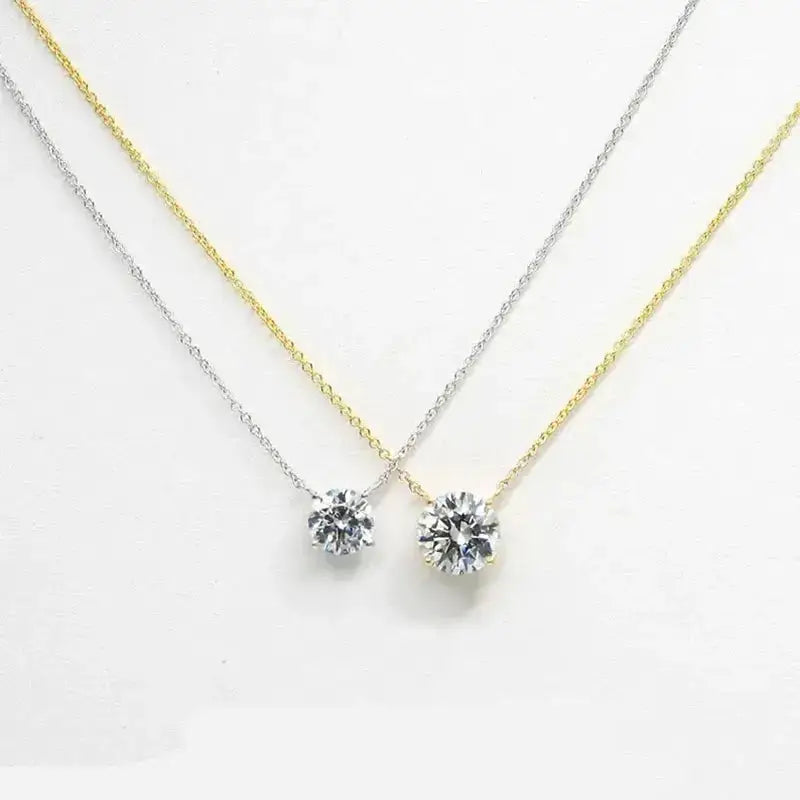 Two elegant Moissanite pendant necklaces with diamond solitaires in gold and silver