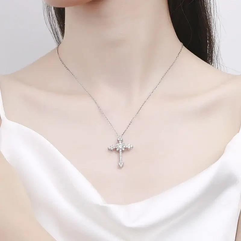 Silver cross pendant necklace featuring gemstones in a Moissanite Religion Pendant design