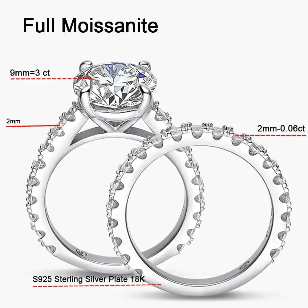 Detailed technical diagram of Moissanite engagement ring in sterling silver wedding band set