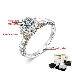 Ornate moissanite ring for women with central stone and rose gold accents, 18K plated