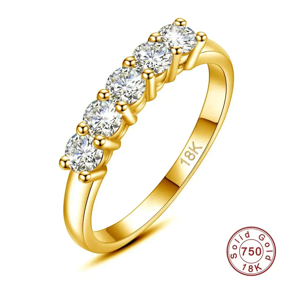 Gold ring with five round diamonds in a row, a stunning Moissanite Ring in Solid 18K Gold