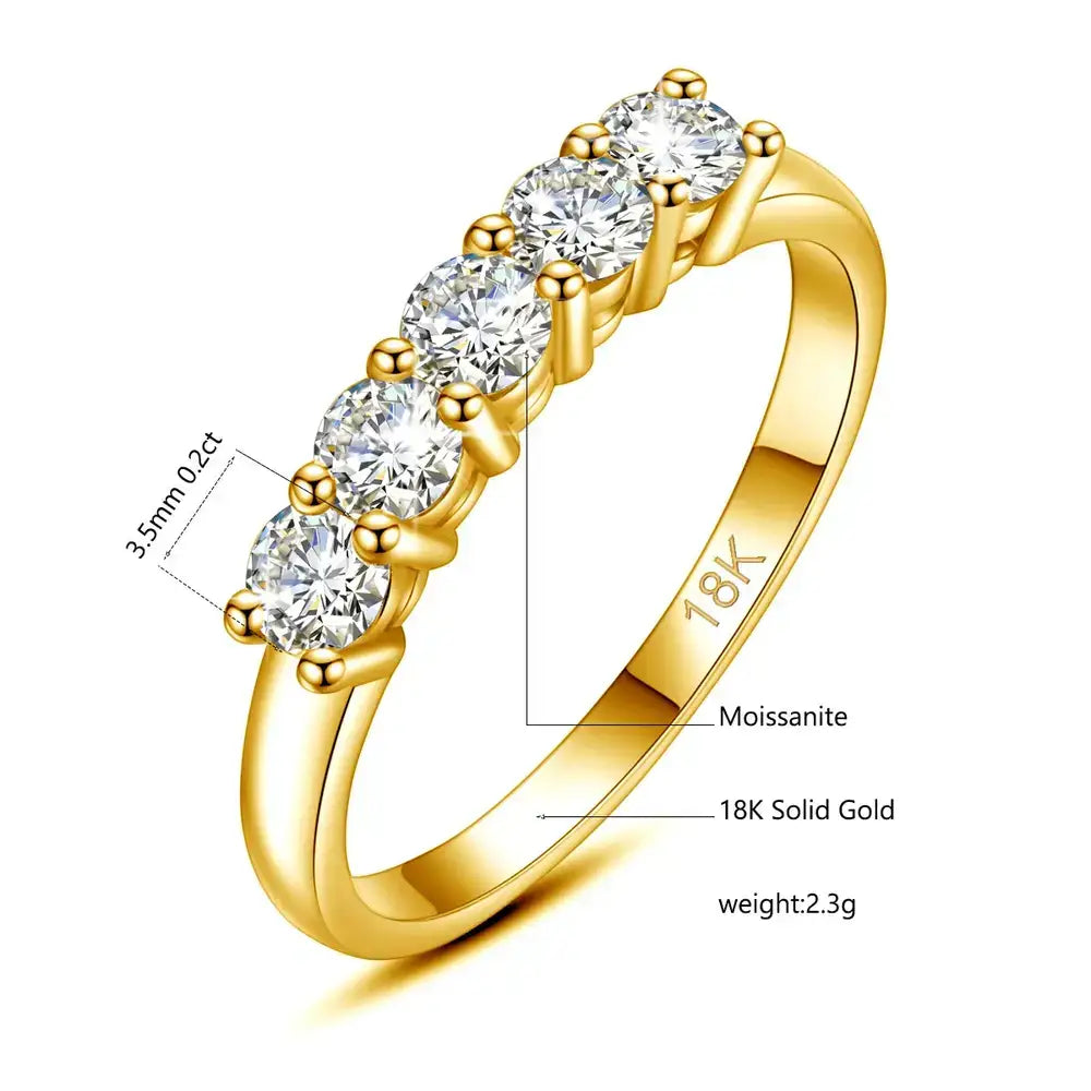 Moissanite ring in solid 18K gold featuring five stunning stones in a row