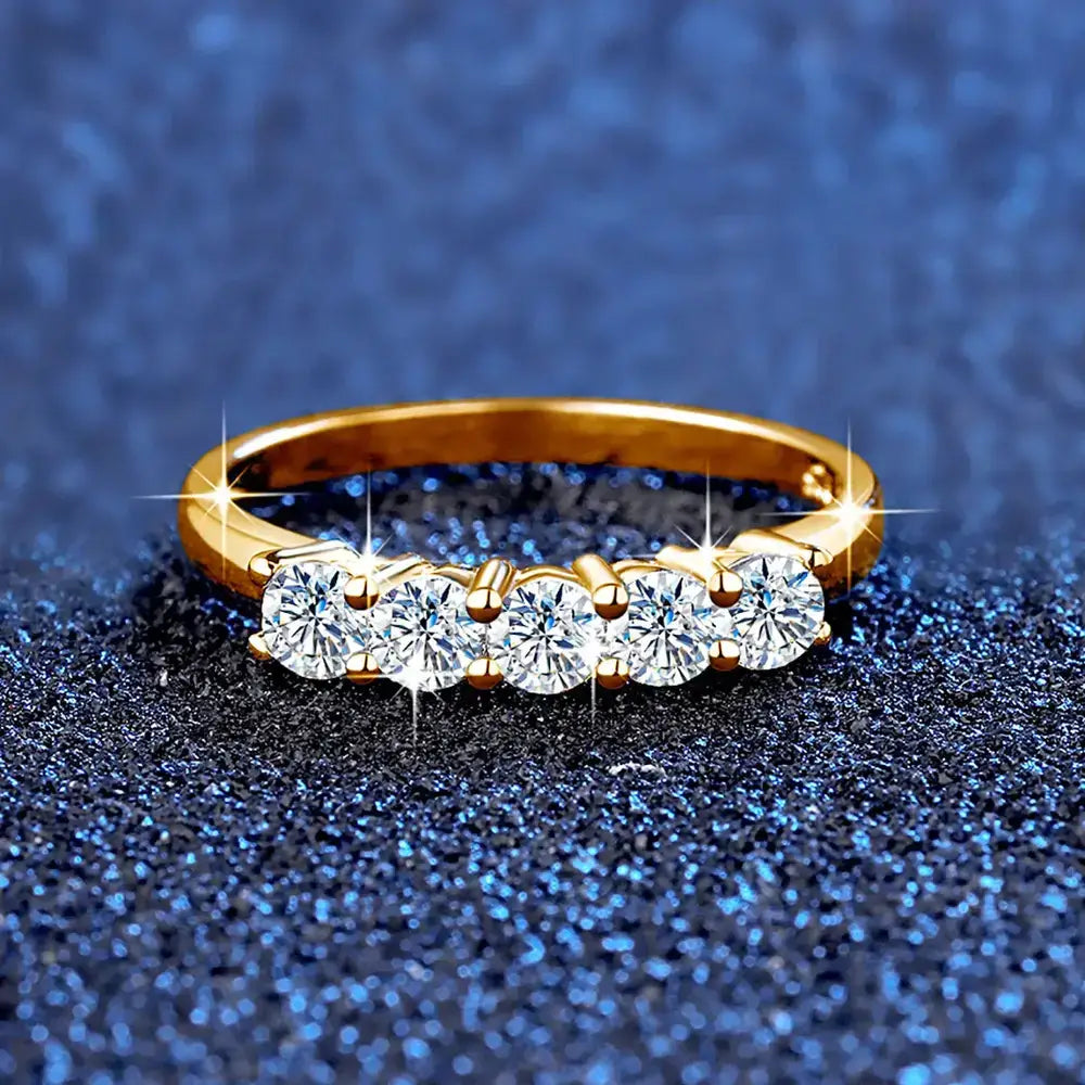 Gold Ring with Five Sparkling Diamonds in Solid 18K Gold Moissanite Ring Design