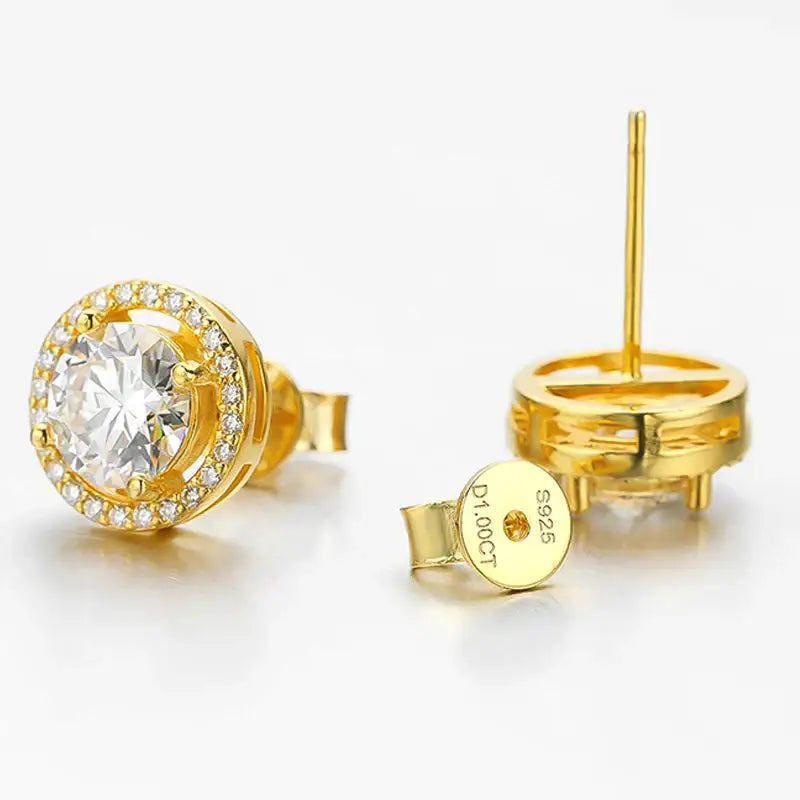 Gold stud earrings with a central diamond and smaller diamonds, showcasing Radiant Elegance