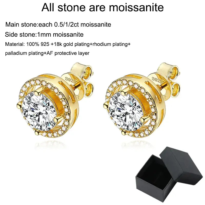 Gold-plated moissanite stud earrings with radiant elegance and round moissanite stones