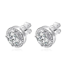 Pair of round diamond halo moissanite stud earrings showcasing radiant elegance