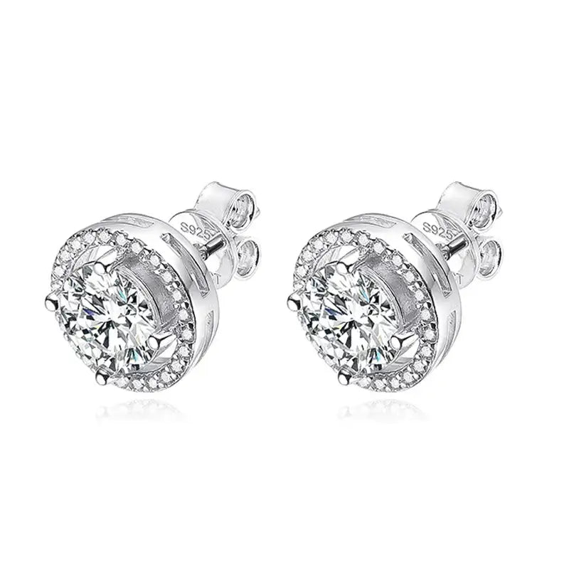 Pair of round diamond halo moissanite stud earrings showcasing radiant elegance