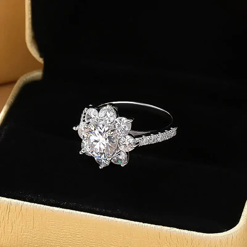 Ornate diamond engagement ring featuring a flower-shaped setting, Moissanite Sunflower Ring Silver 18k Gold Plated