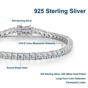 Sterling silver tennis bracelet with 4mm moissanite diamonds showcasing sterling silver elegance