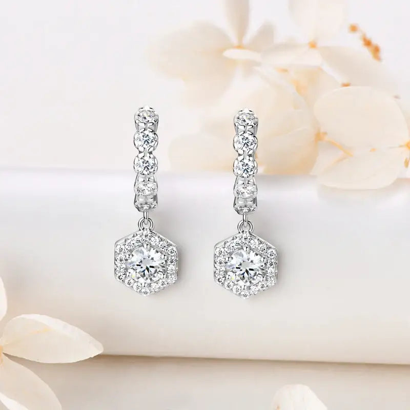 Sparkling lab grown diamond drop earrings with halo settings and pave-encrusted hoops