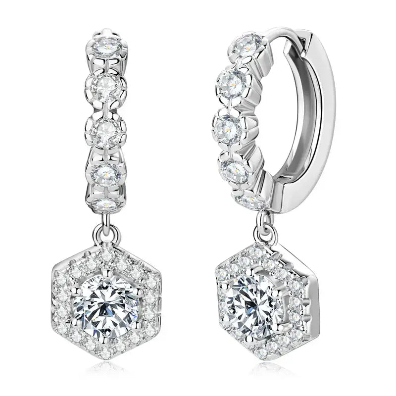 Pair of silver hoop earrings featuring lab grown diamond drop with hexagonal pendant