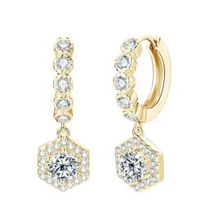 Gold-toned dangle hoop earrings featuring lab grown diamond drop in hexagonal setting