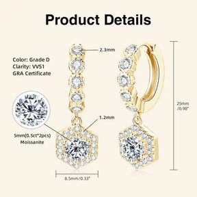 Gold-colored drop earrings with moissanite stones in hexagonal design, lab grown diamond