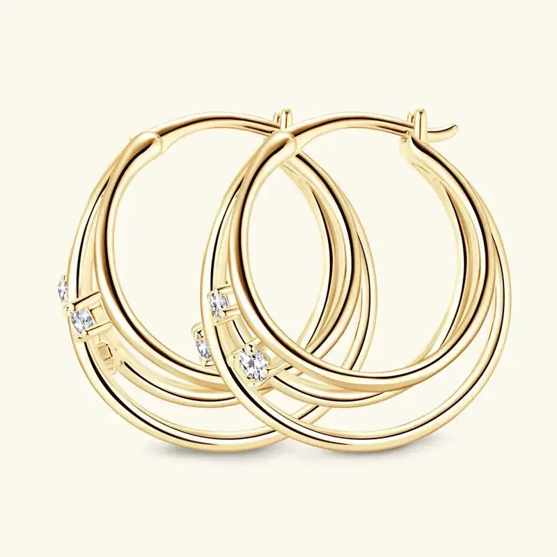 Gold split three hoop earrings with Moissanite diamonds and yellow gold accents