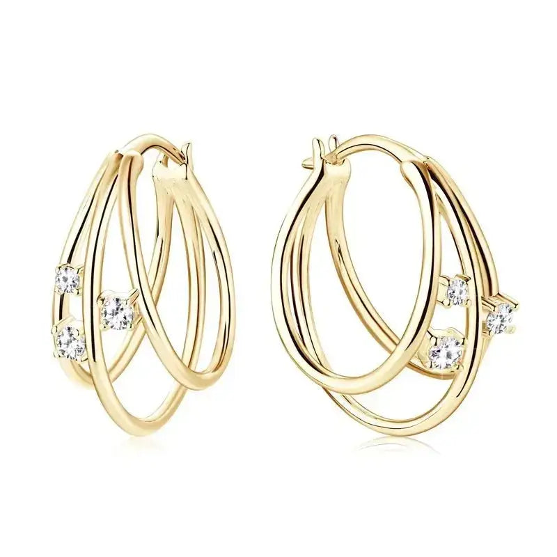 Gold Split Three Hoop Earrings with Moissanite Diamonds and yellow gold accents