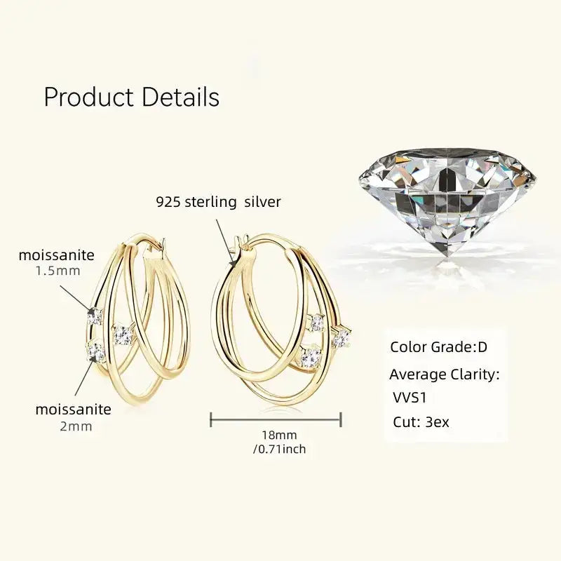 Gold-colored Split Three Hoop Earrings featuring Moissanite Stones in Silver 925