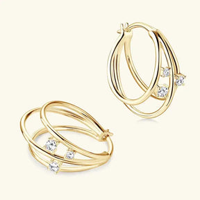 Gold Split Three Hoop Earrings featuring Moissanite Diamonds in Yellow Gold Silver 925