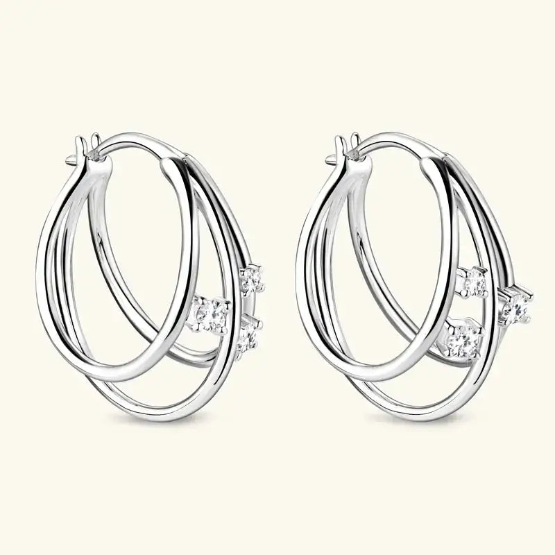 Silver Split Three Hoop Earrings with Moissanite Diamonds and Yellow Gold accents