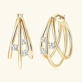 Gold split three hoop earrings featuring inset Moissanite diamonds in yellow gold