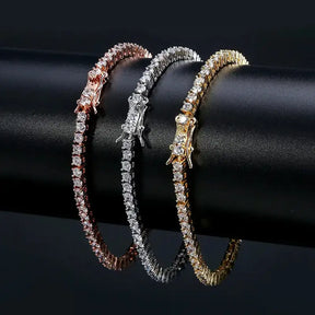 Three elegant tennis bracelets in rose, white, and yellow gold with moissanite diamante 2mm