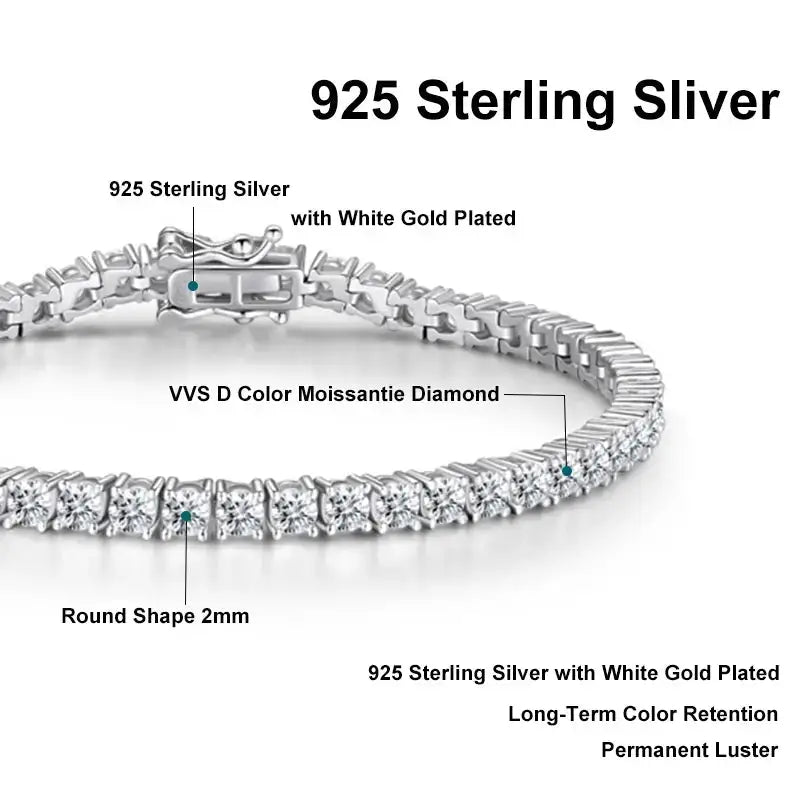 Sterling silver tennis bracelet with white gold plating and Moissanite Diamante 2mm from Telles Jewelry