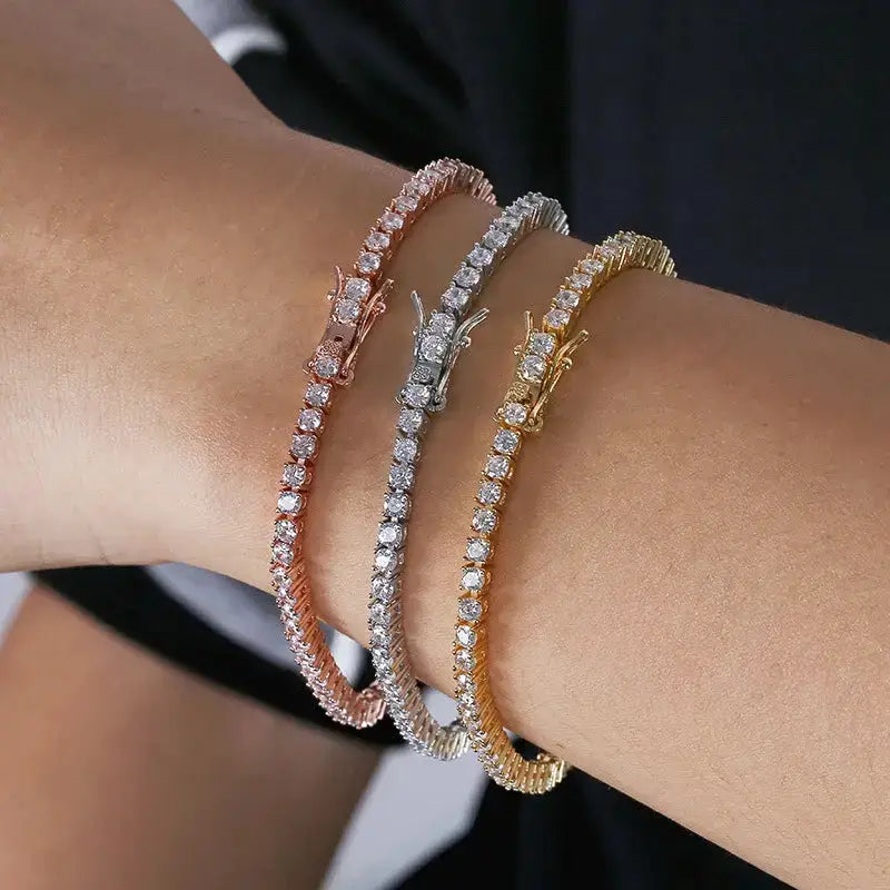 Three sparkling tennis bracelets in rose gold, white gold, and yellow gold featuring Moissanite Diamante 2mm