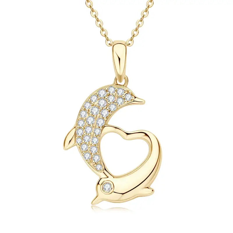 Gold Dolphin Pendant Necklace in 10K Yellow Gold with Diamond Accents and Heart Design