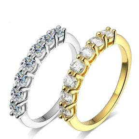 Two diamond rings in white and yellow gold with round brilliant-cut diamonds, showcasing a Moissanite row ring in S925 Sterling Silver