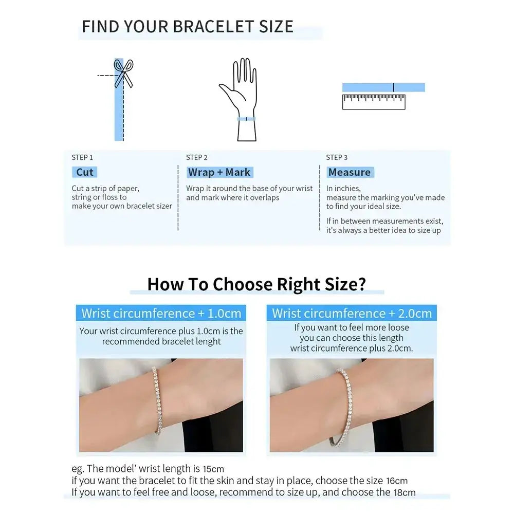 Infographic illustrating how to measure for the Elegant S925 Sterling Color Moissanite Tennis Bracelet