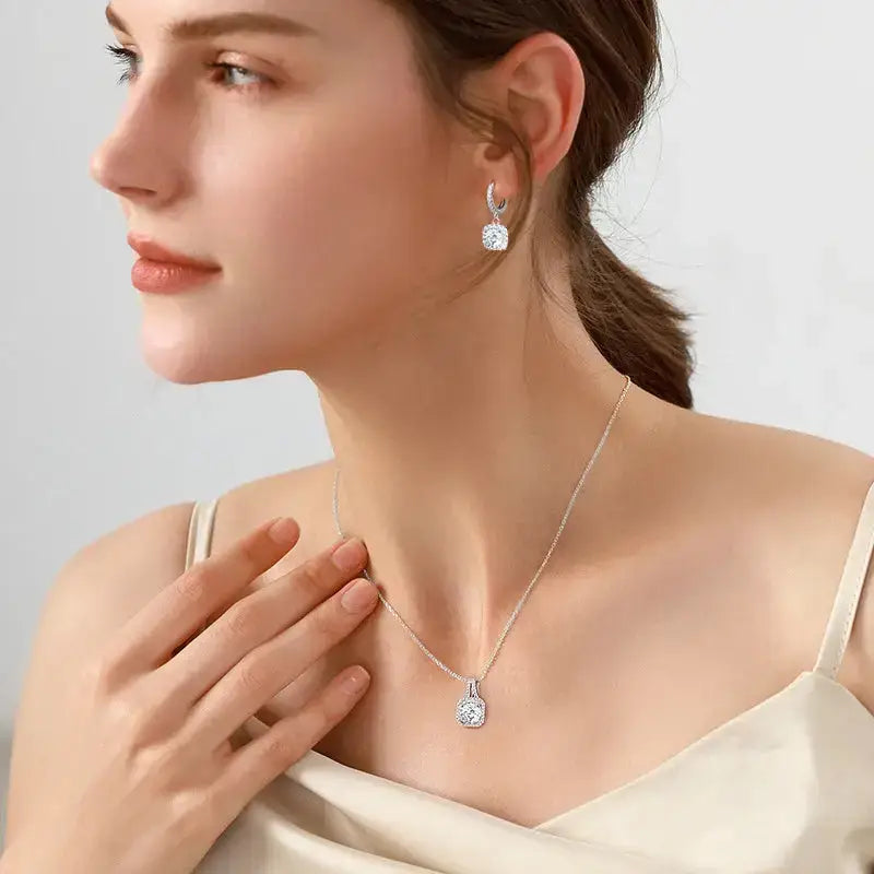 Teardrop-shaped pendant necklace and earrings from Real Moissanite Jewelry Sets