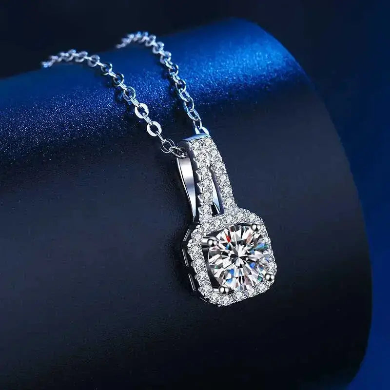 Diamond pendant necklace with square halo on silver chain from Real Moissanite Jewelry Sets