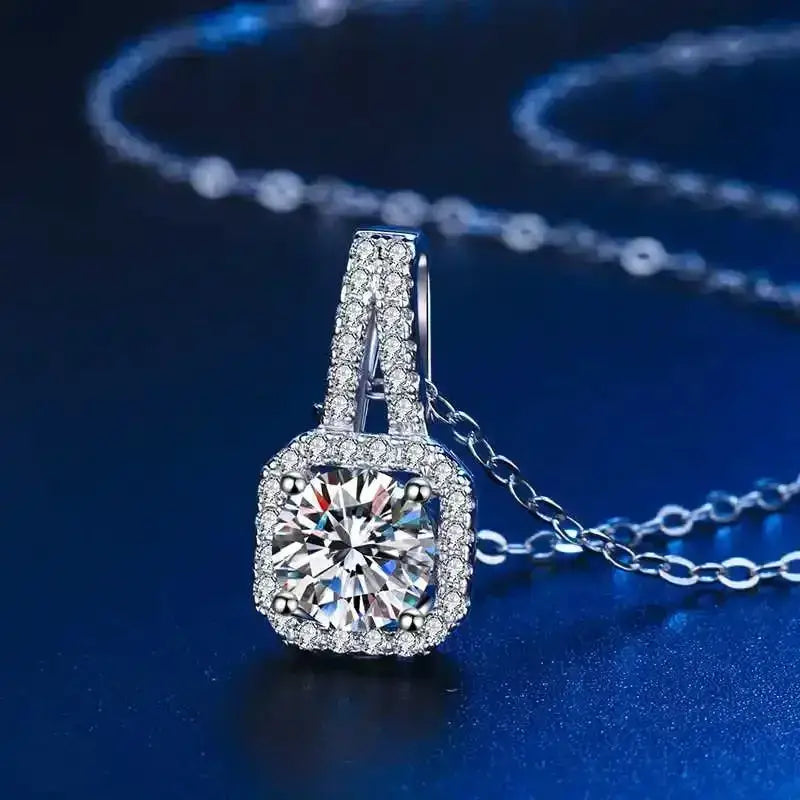 Diamond pendant necklace with square halo setting on silver chain from Real Moissanite Jewelry