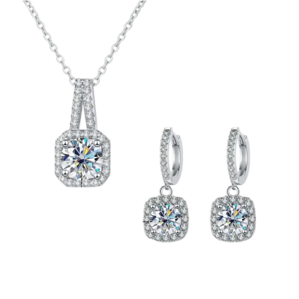 Sparkling diamond pendant necklace and earrings set in silver-toned metal, Real Moissanite Jewelry