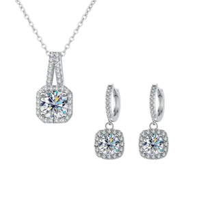 Sparkling diamond pendant necklace and earrings set in silver-toned metal, Real Moissanite Jewelry